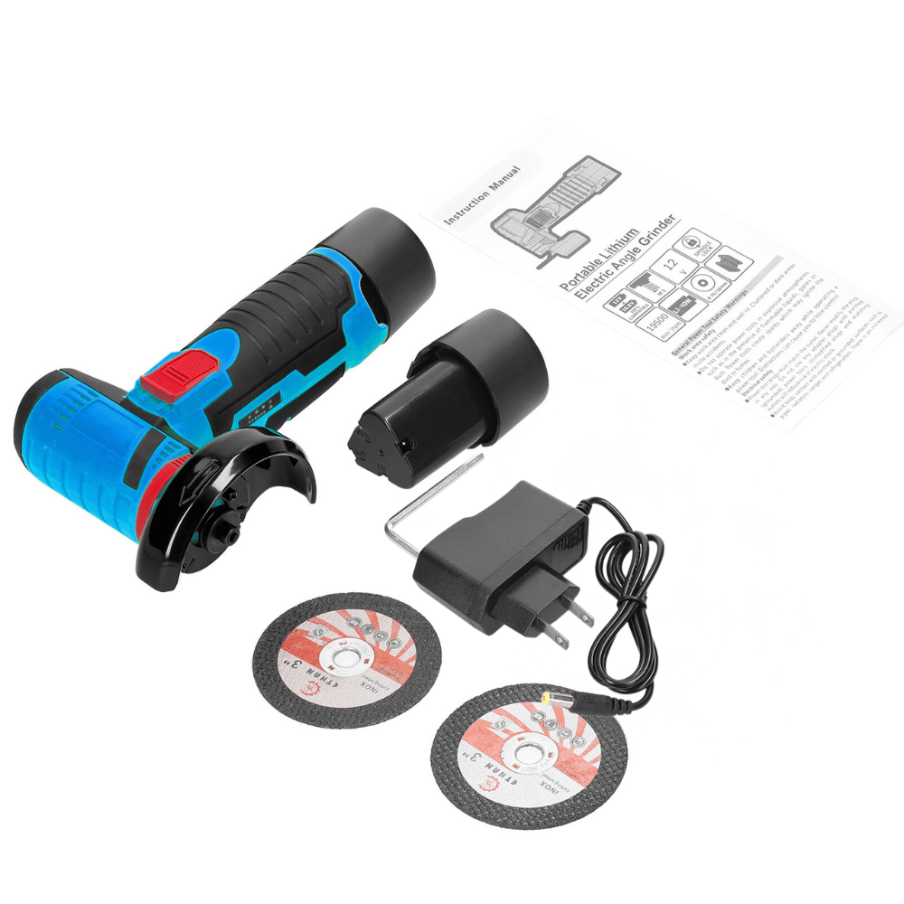 Complete Mini Angle Grinder kit with battery, charger, and extra cutting discs included