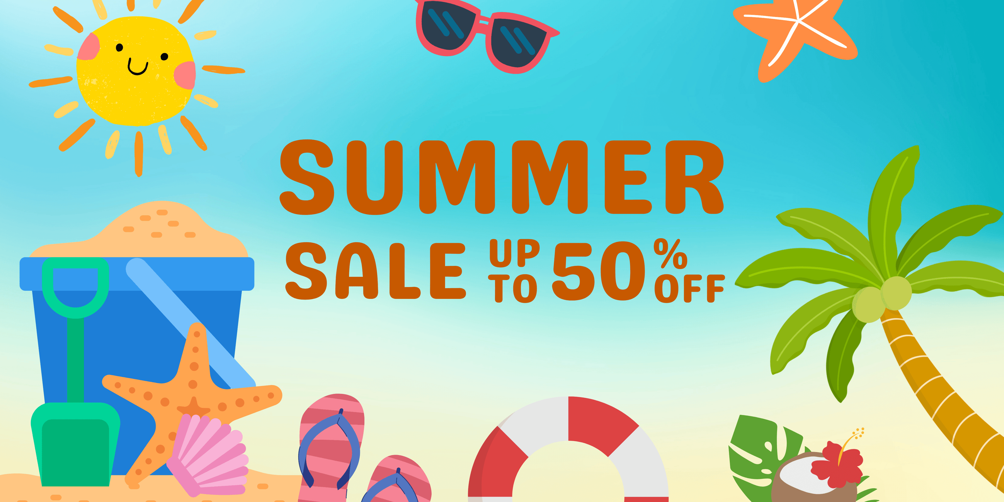 Bright summer-themed sale banner with sun, beach toys, and palm trees announcing up to 50% off
