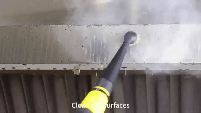 Woman cleaning mirror using Handheld Steam Cleaner on glass surface for streak-free results