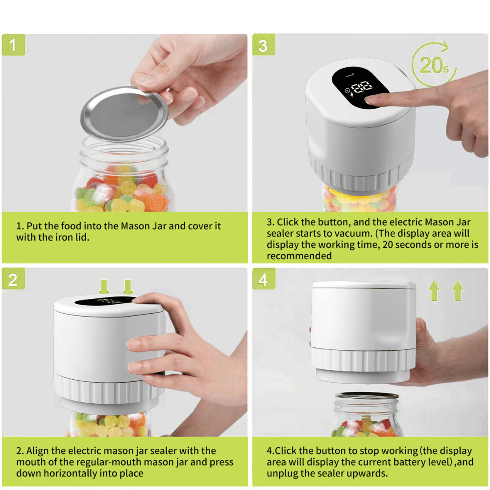 Step-by-step instructions showing how to use the electric vacuum jar sealer with mason jars.