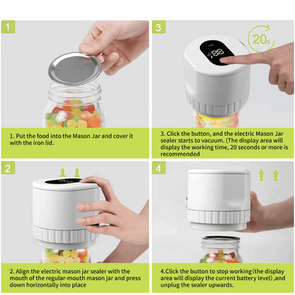 Step-by-step instructions showing how to use the electric vacuum jar sealer with mason jars.