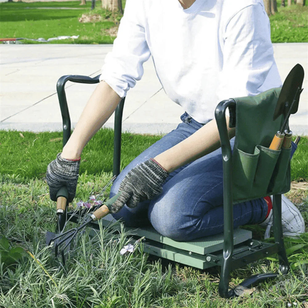 Person using Folding Garden Kneeler Bench for comfortable kneeling while gardening on grass