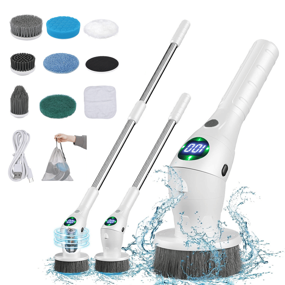 Complete electric cleaning brush kit with multiple brush heads and extendable handle for versatile home cleaning.