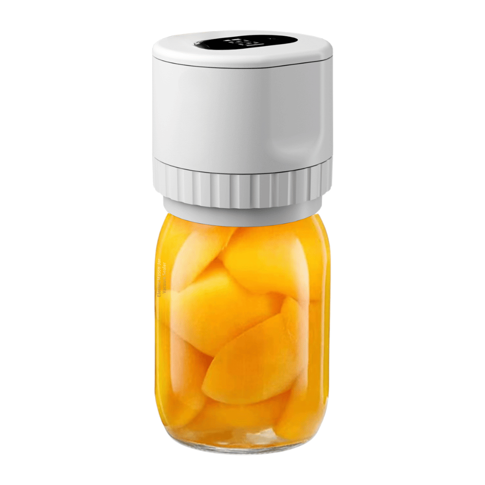 White electric vacuum jar sealer preserving diced peaches in a glass container.