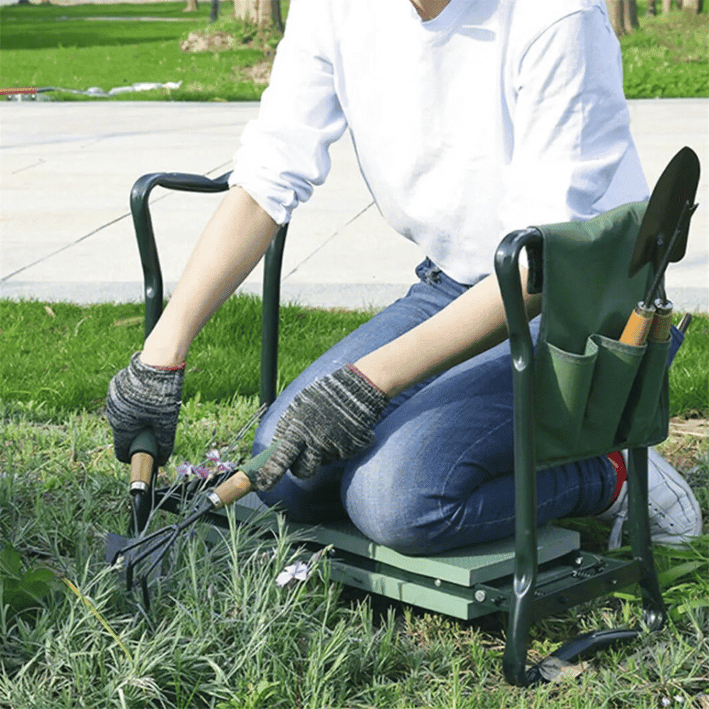 Person using Folding Garden Kneeler Bench for comfortable kneeling while gardening on grass