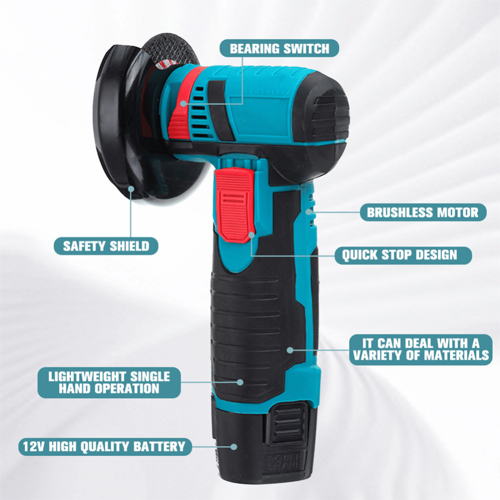 Mini Angle Grinder labeled with brushless motor, safety switch, and ergonomic handle details