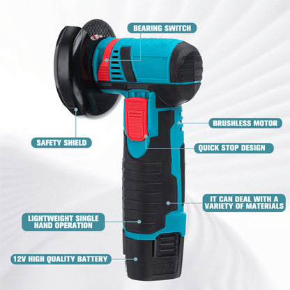 Mini Angle Grinder labeled with brushless motor, safety switch, and ergonomic handle details