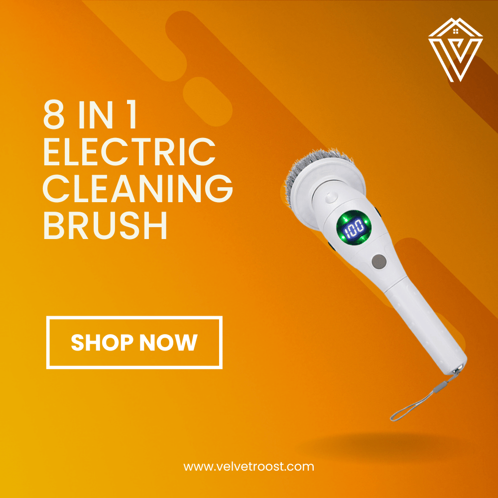 8-in-1 electric cleaning brush with LED display, ideal for deep scrubbing tiles, floors, and kitchen surfaces.