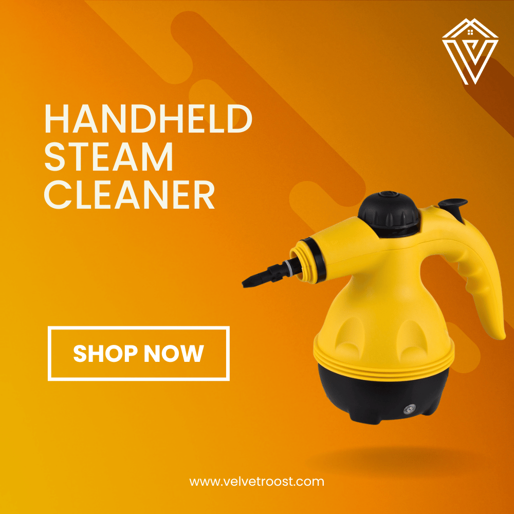 Handheld steam cleaner promotional image with ergonomic yellow body for deep cleaning and sanitizing