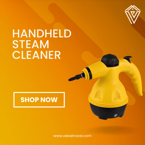 Handheld steam cleaner promotional image with ergonomic yellow body for deep cleaning and sanitizing
