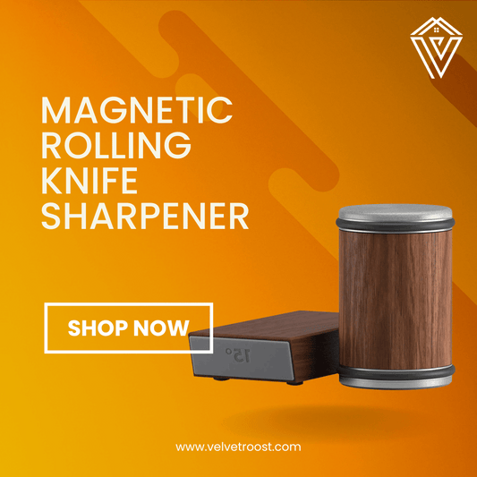 Magnetic Rolling Knife Sharpener with wood finish on orange background for effortless blade sharpening