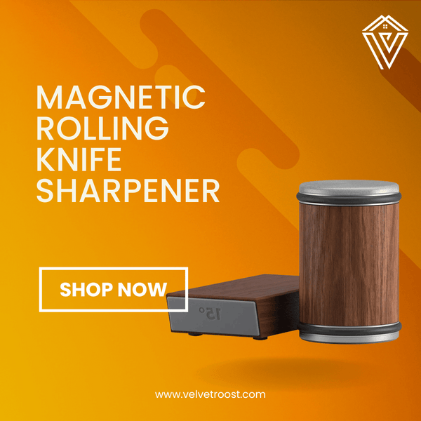 Magnetic Rolling Knife Sharpener with wood finish on orange background for effortless blade sharpening