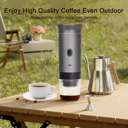 Portable Espresso Machine in outdoor setting on wooden table, ideal for camping and travel coffee brewing.