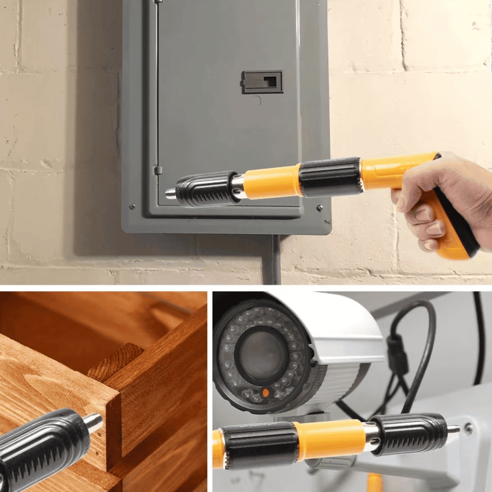 Mini Handheld Nail Gun in action near electrical panel – ideal for tight spaces and quick fixes