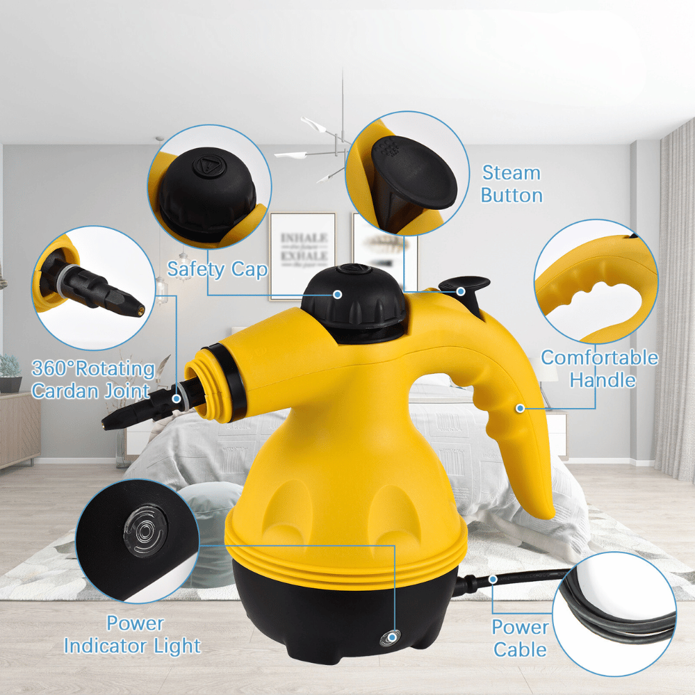 Steam cleaner with detachable parts including glass brush, angled nozzle, and spray head