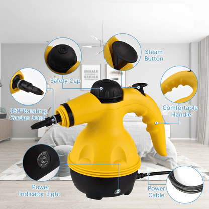 Steam cleaner with detachable parts including glass brush, angled nozzle, and spray head