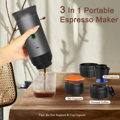 User pouring coffee using 3-in-1 Portable Espresso Machine with capsule and ground coffee options.