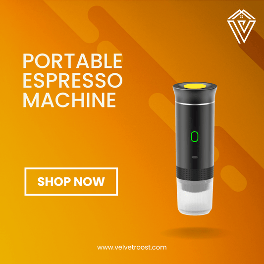 Portable Espresso Machine product display with VelvetRoost branding and orange background for marketing promotion.