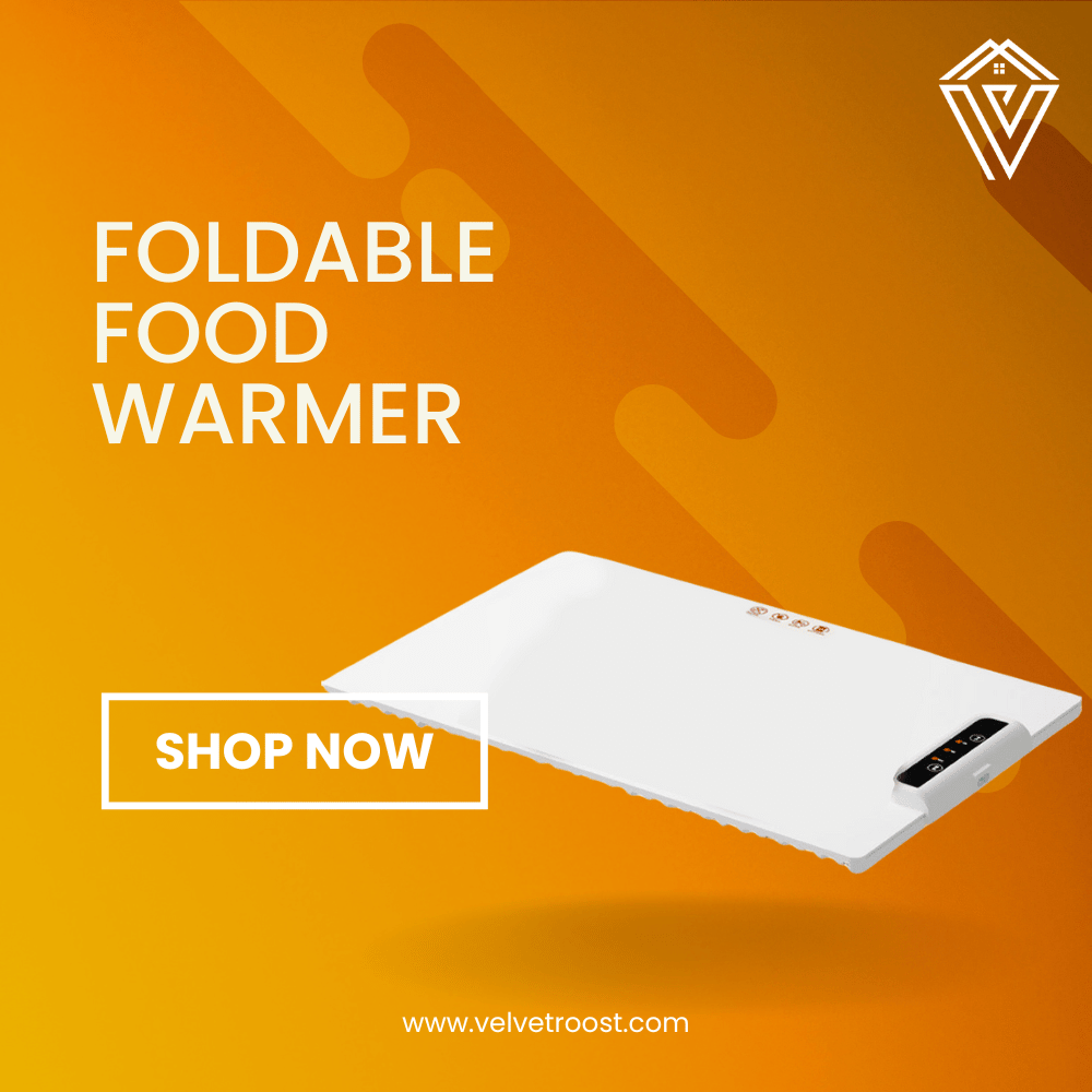 Foldable Food Warmer with digital display, compact heating pad design for warming meals at home or office.