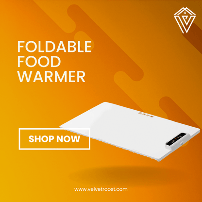 Foldable Food Warmer with digital display, compact heating pad design for warming meals at home or office.