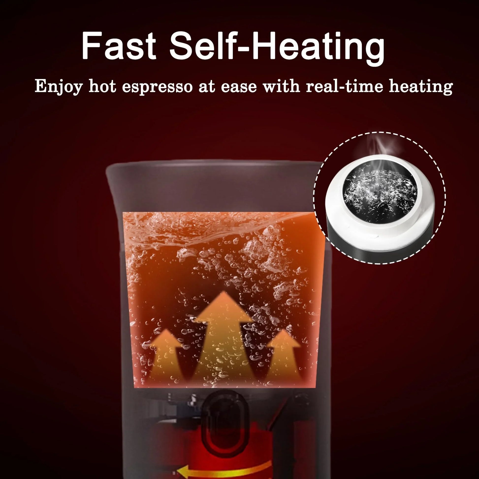 Fast self-heating feature of Portable Espresso Machine showing internal heating mechanism for hot espresso.