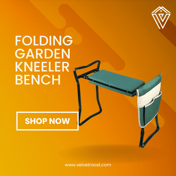 Promotional image of Folding Garden Kneeler Bench with sturdy steel frame and cushioned seat for garden work