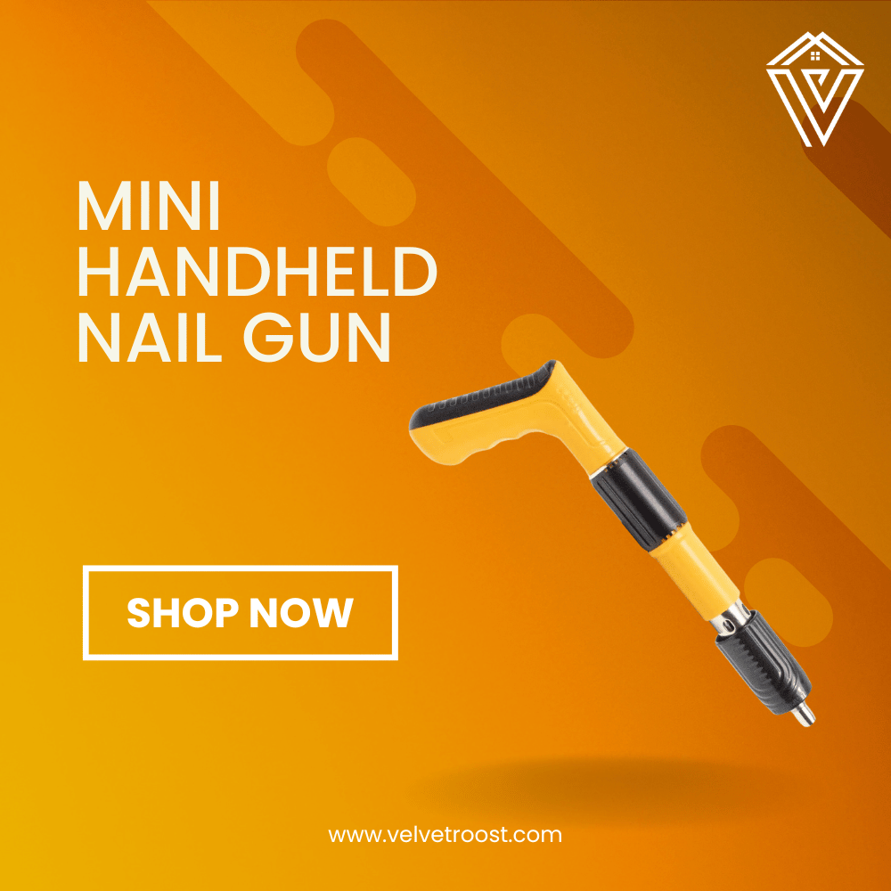 Mini Handheld Nail Gun product display on orange background with branding – durable and compact electric tool
