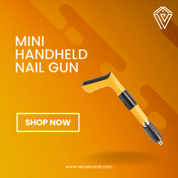 Mini Handheld Nail Gun product display on orange background with branding – durable and compact electric tool