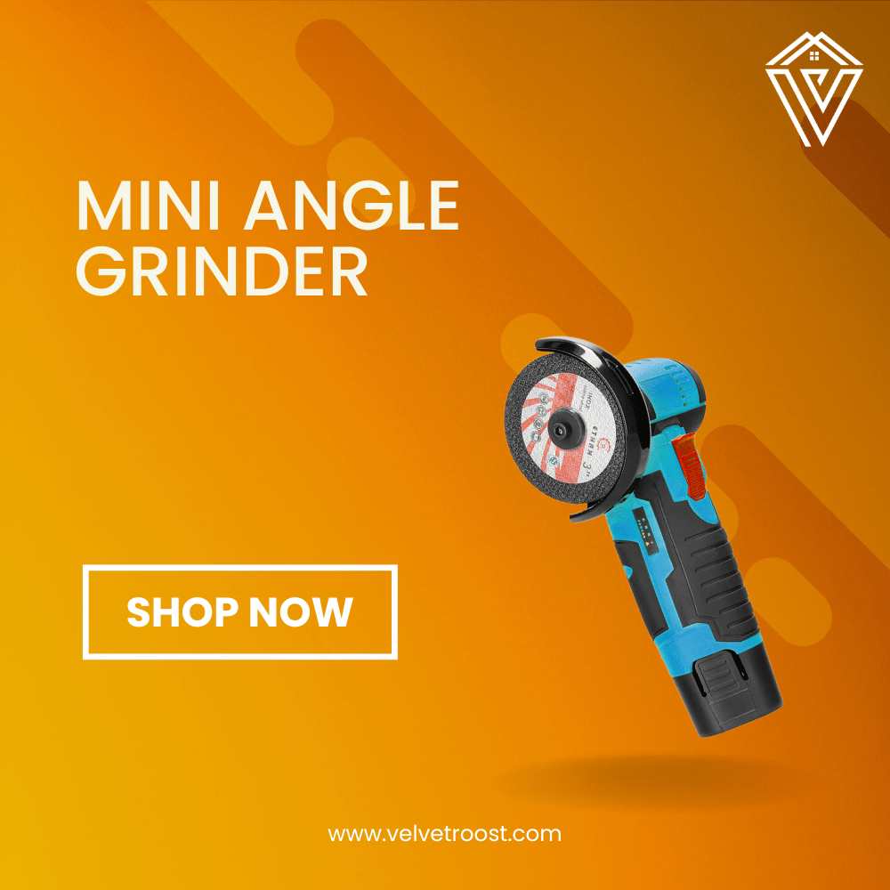 Mini Angle Grinder promotional banner with ergonomic design and durable disc shown on orange background