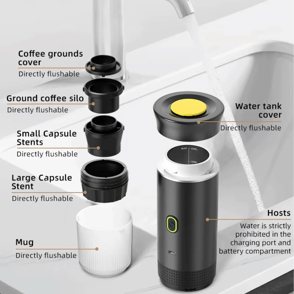 Exploded view of portable espresso maker showing removable, flushable parts and smart design