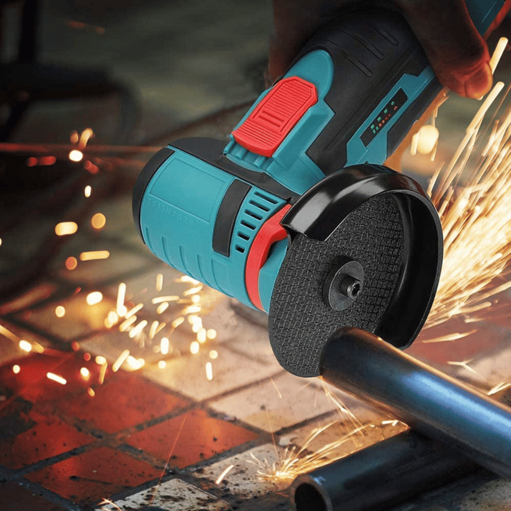 Mini Angle Grinder cutting metal pipe with high-speed precision and powerful sparks flying