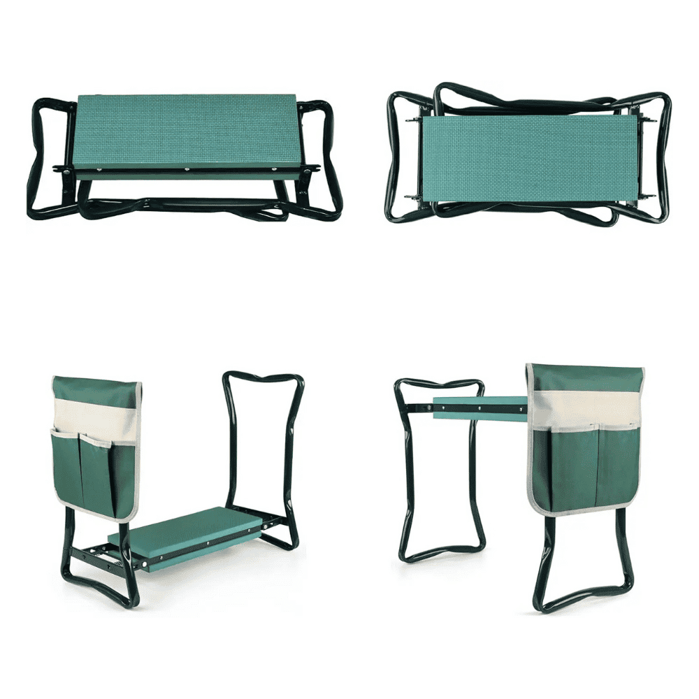 Multiple views of Folding Garden Kneeler Bench showing foldable frame, cushion, and tool pouch