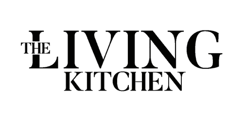 Elegant serif-style logo for "The Living Kitchen" in black uppercase letters.