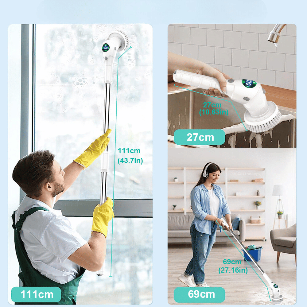Adjustable electric cleaning brush with extendable pole for reaching ceilings, windows, and high surfaces effortlessly.