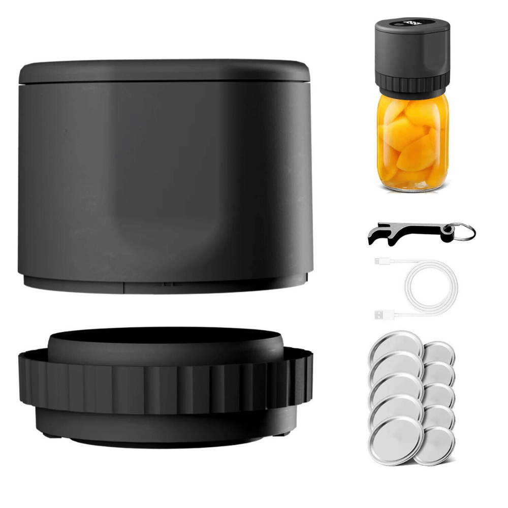 Black vacuum jar sealer with full accessory kit and jar example for airtight preservation.
