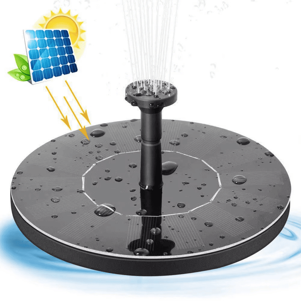 Black solar-powered fountain pump spraying water upward under direct sunlight