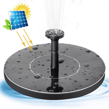 Black solar-powered fountain pump spraying water upward under direct sunlight