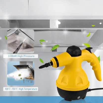 Powerful handheld steam cleaner removing grime and grease from kitchen range hood surface