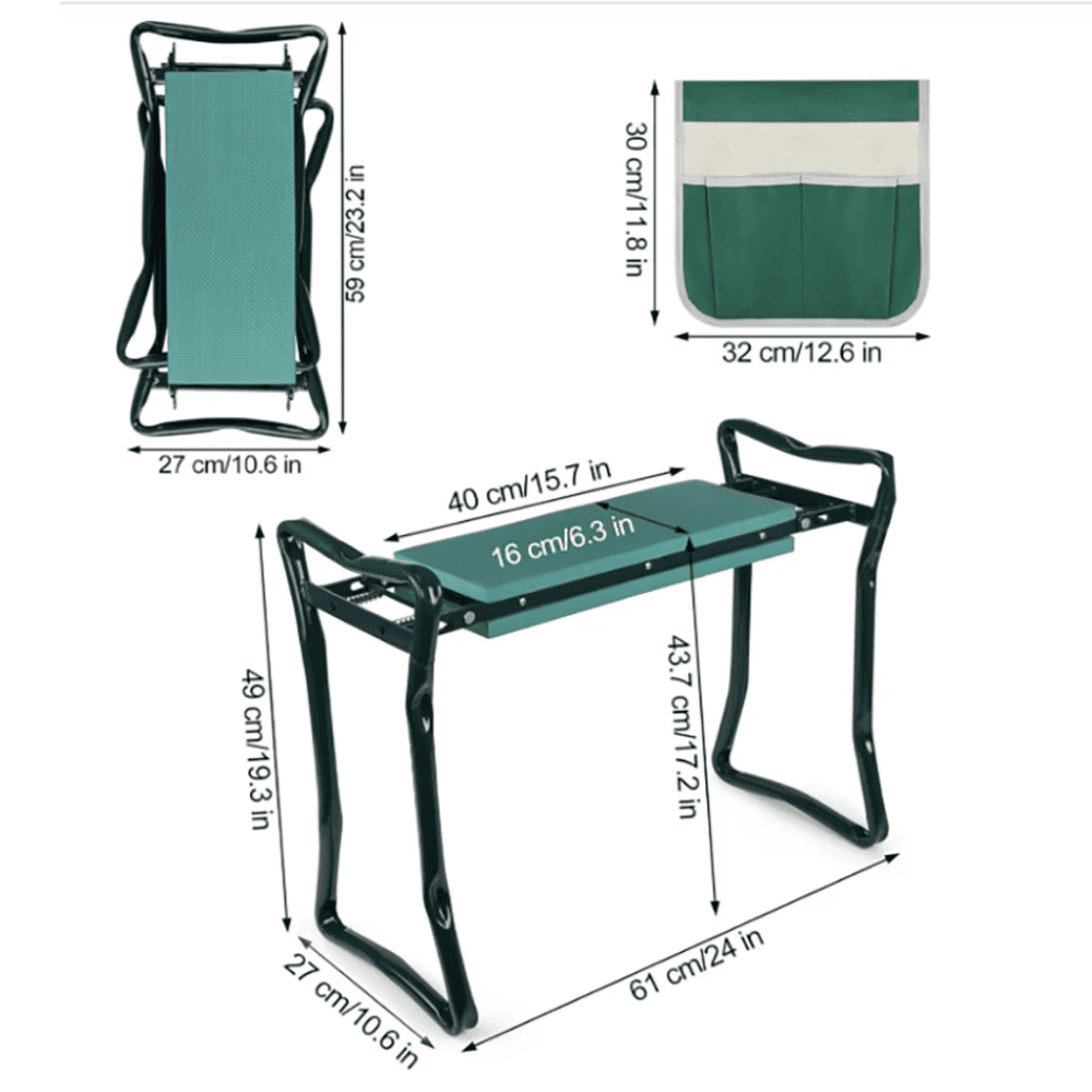 Folding Garden Kneeler Bench with dimensions and padded seat for ergonomic gardening support