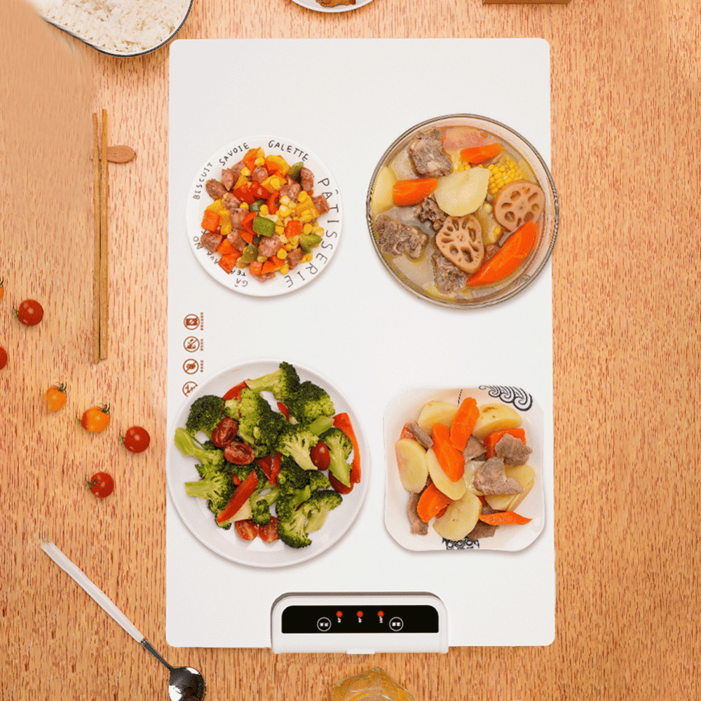 Top view of Foldable Food Warmer with assorted hot meals, ideal for keeping food warm without microwaving.