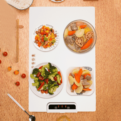 Top view of Foldable Food Warmer with assorted hot meals, ideal for keeping food warm without microwaving.