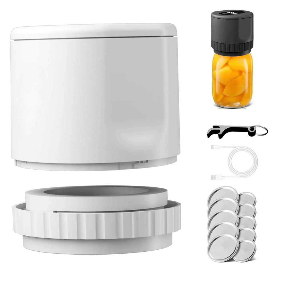White vacuum jar sealer with complete accessories including lid, charger, and sealing caps.