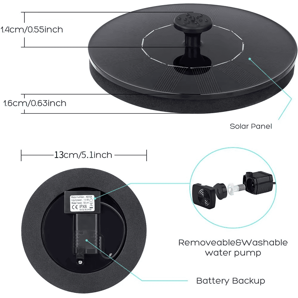 Technical diagram showing solar fountain pump dimensions and removable water pump feature