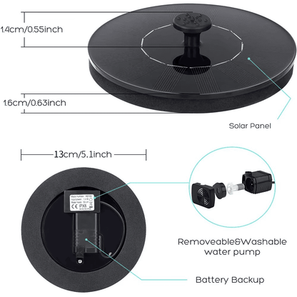 Technical diagram showing solar fountain pump dimensions and removable water pump feature