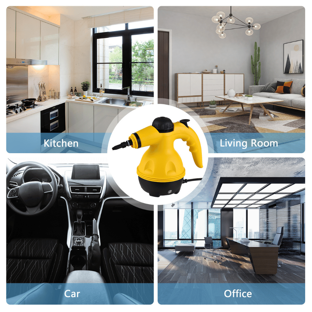 Steam cleaner shown in kitchen, living room, car, and office, ideal for multi-surface disinfection