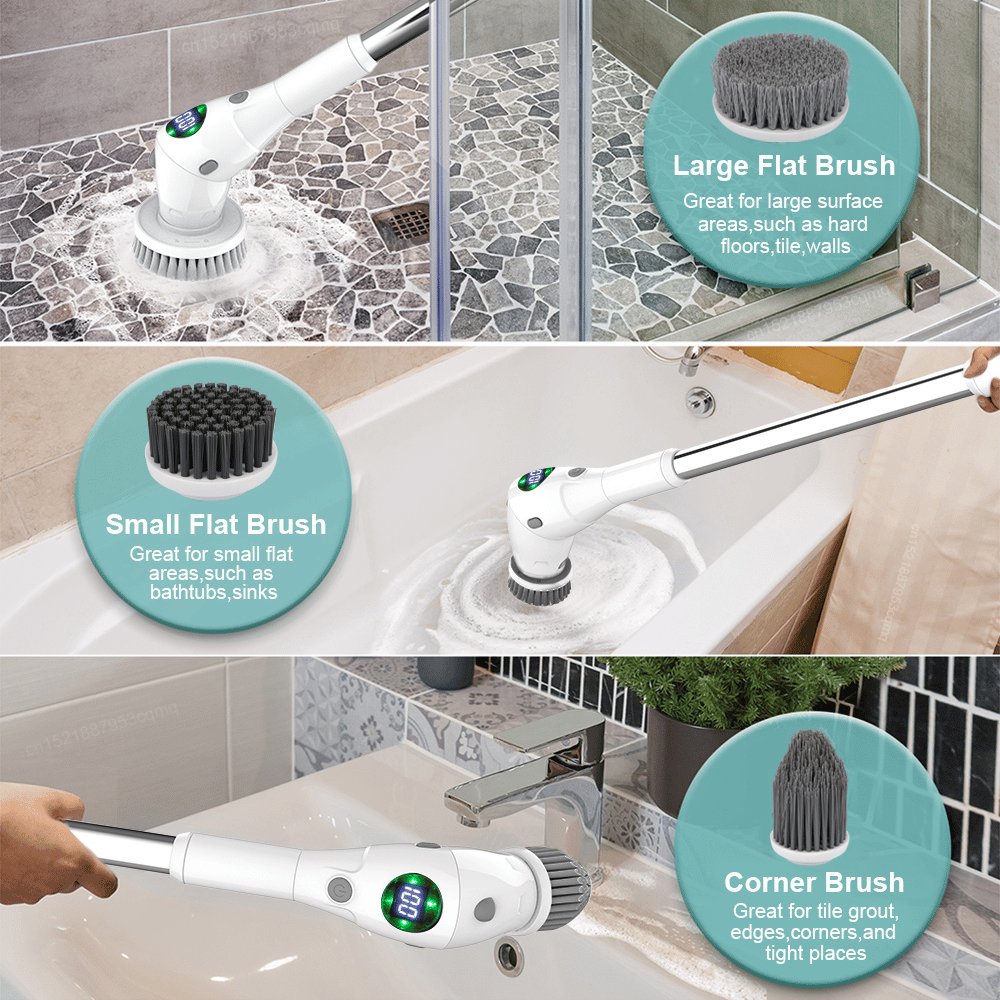 Electric cleaning brush used on floors, sinks, and walls with labeled attachments like flat, corner, and mop brushes.