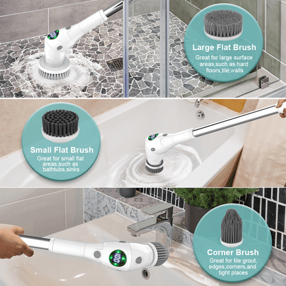 Electric cleaning brush used on floors, sinks, and walls with labeled attachments like flat, corner, and mop brushes.