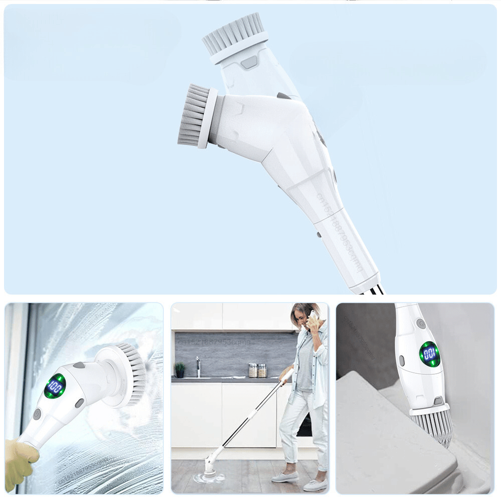 Waterproof electric scrub brush in use for tile grout, bathtubs, and bathroom corners with interchangeable heads.