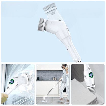 Waterproof electric scrub brush in use for tile grout, bathtubs, and bathroom corners with interchangeable heads.