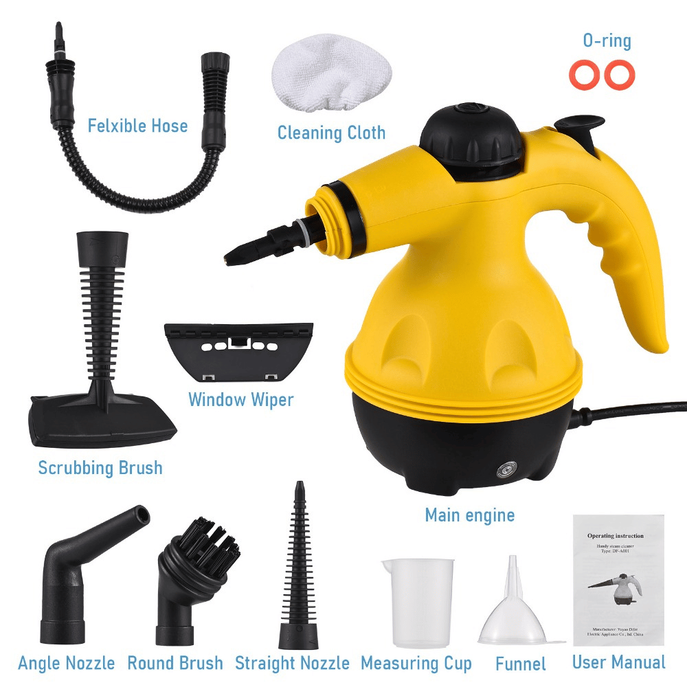 Full handheld steam cleaner set with all accessories including hoses, nozzles, and cleaning cloth